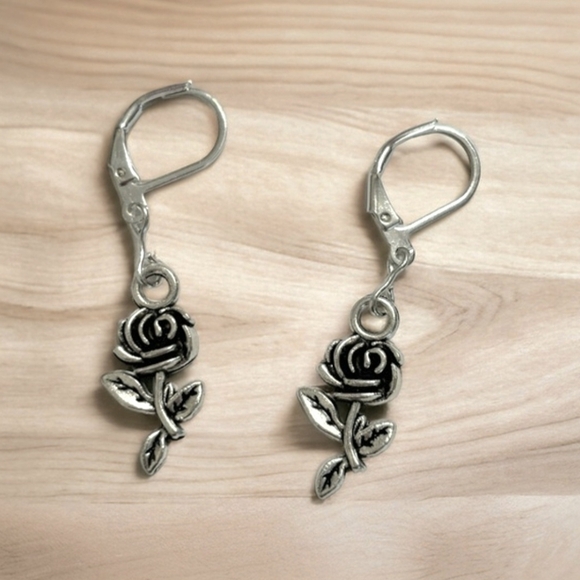 Hand Crafted Jewelry - Lilianne rose flower charm stamped 925 sterling silver charm plain earrings